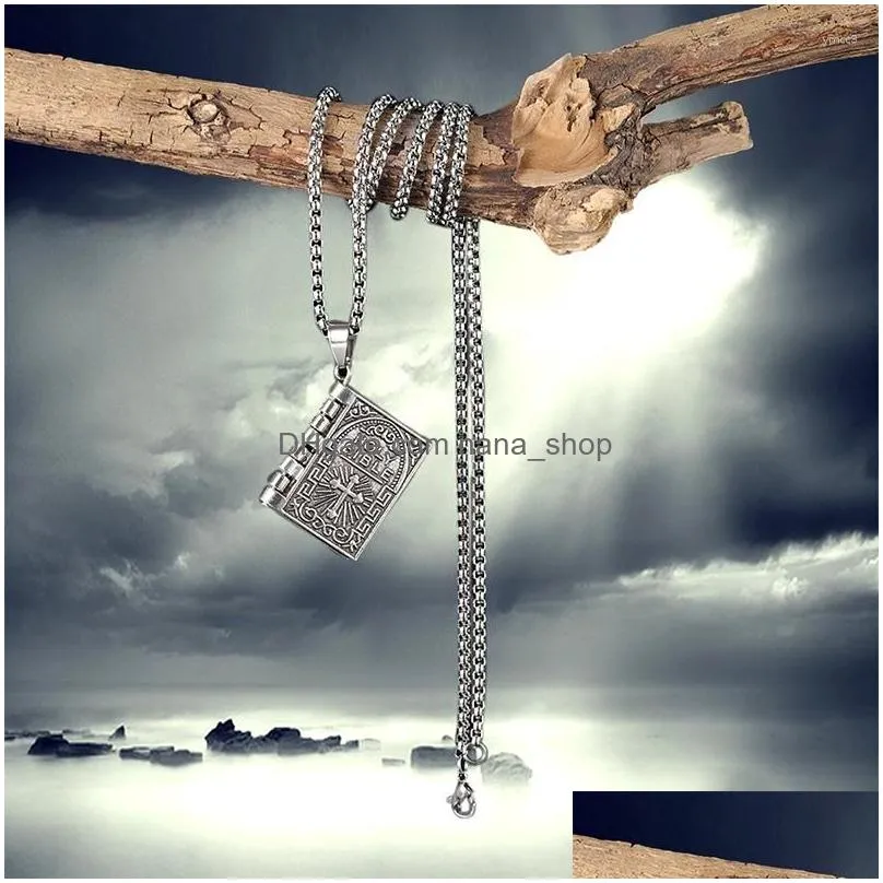 Pendant Necklaces Male Trend Vintage Bible Necklace Womans Relin Book Faith Cross Long Chain For Family Holiday Neck Jewelry Drop Del Dhayz