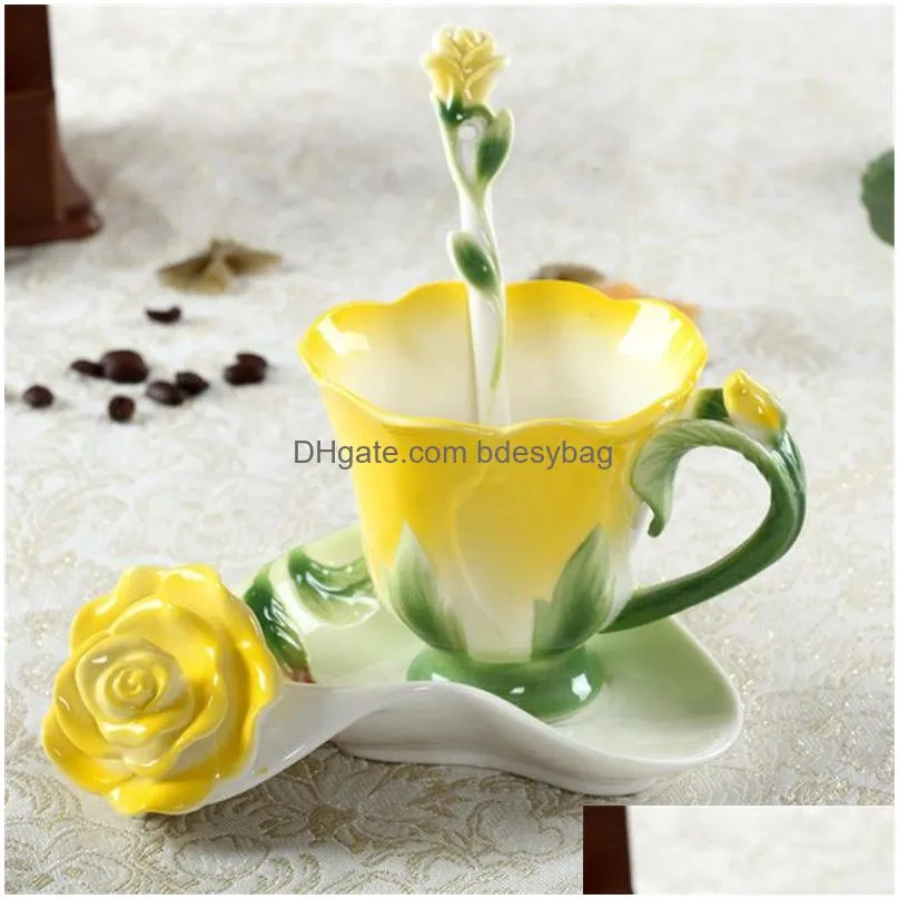 Coffeware Sets Enamel Coffee Mug Cup Saucer And Spoon Set Household Ceramic Afternoon Tea Birthday Festival Gift Drop Delivery Home Ga Dhb6C