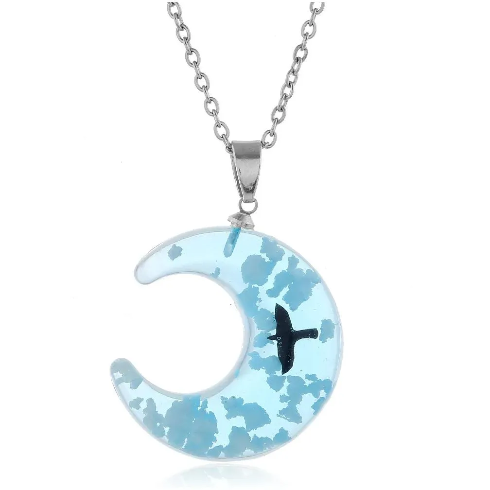 Pendant Necklaces Creative And Exquisite With Luminous Bird  Sky Pendant Necklace White Cloud Moon Resin Blue Jewelry Drop Delive Dhhmx