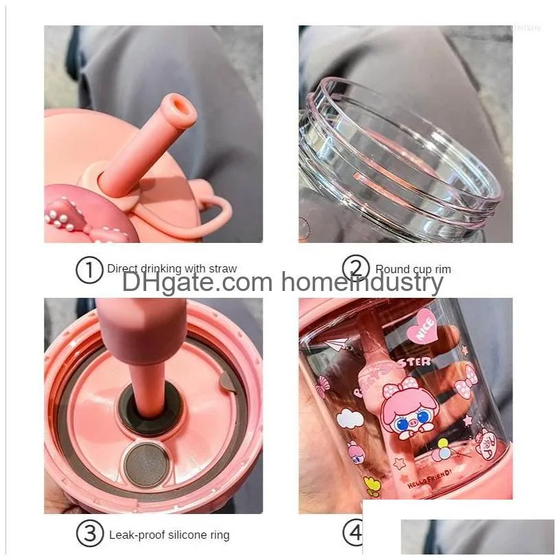 Water Bottles Summer Cartoon Girl Heart Cute Pig Pink Green Cup Super Portable Outdoor Plastic St Drop Delivery Dhmpb