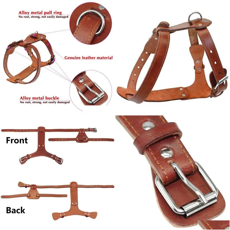 Dog Collars & Leashes Genuine Leather Dog Harness Brown 16-30 Chest Adjustable Straps For Walking Training Medium Large Dogs Pitbl Box Dhsyy