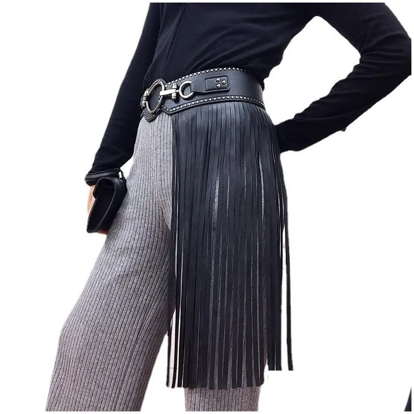 Belts Punk Belt Extra Long Fringe Skirt Ladies Girdle Fashion Rivets Wide Elastic Black Buckle Accessories Drop Delivery Fashion Acces Dh269