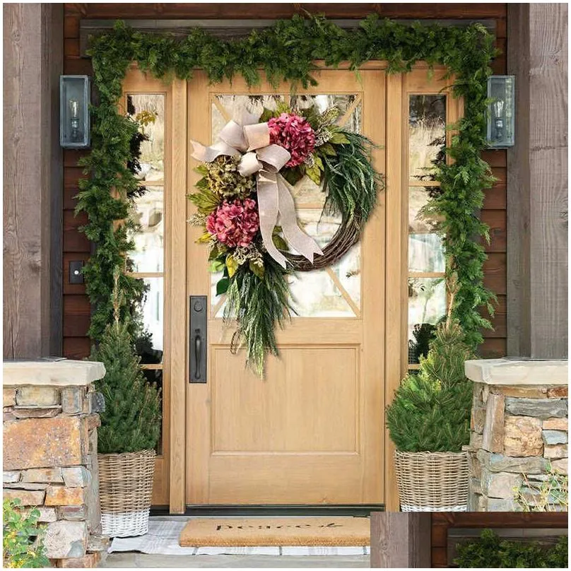 Decorative Flowers & Wreaths Farmhouse Pink Hydrangea Wreath Rustic Home Decor Artificial Garland For Front Door Wall Drop Delivery Ho Dhaw6