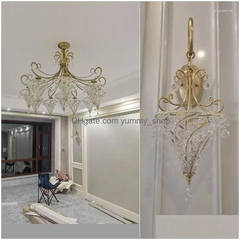 wall lamp french pure copper lights crystal flower umbrella nordic sconce dining room aisle bedroom led