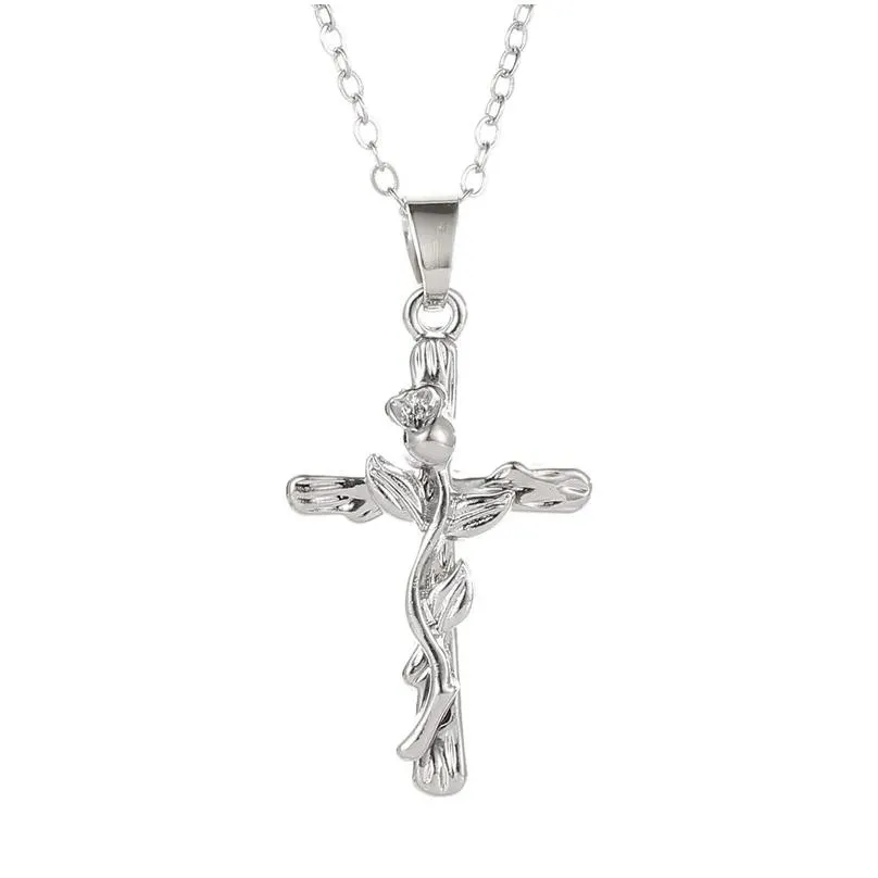 Pendant Necklaces Pretty Flower Jesus Cross Pendant Collar Choker Necklace Long Chain Relius Novel Necklaces Drop Delivery Jewelry Nec Dhums