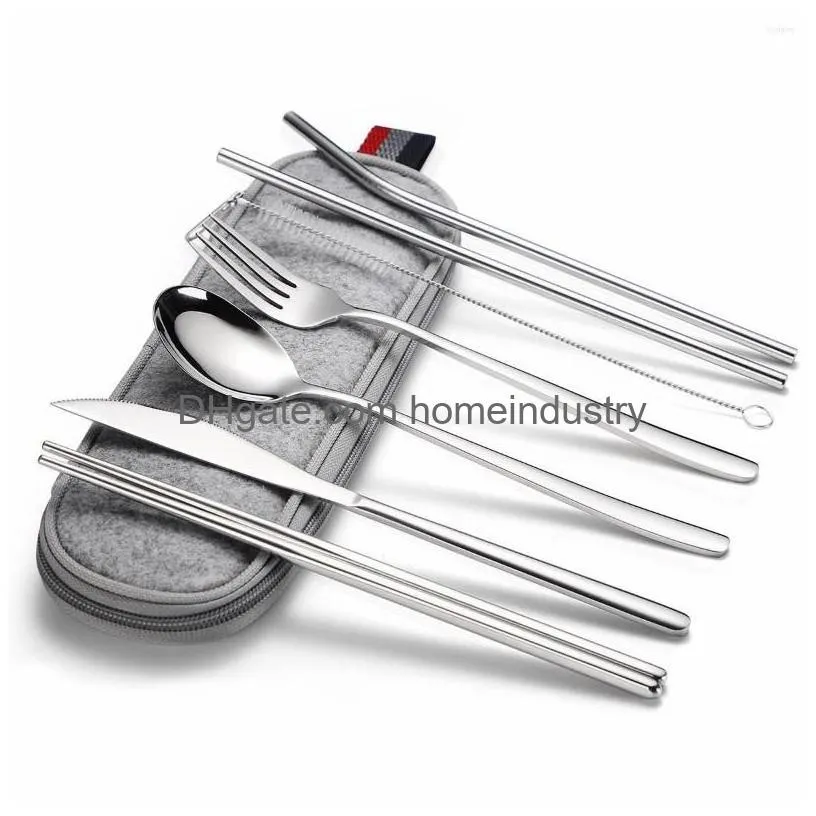 Dinnerware Sets Travel Cutlery Set Reusable Stainless Steel Complete Forks Knives With Pouch Rose Gold Flatware Drop Delivery Dhuw8