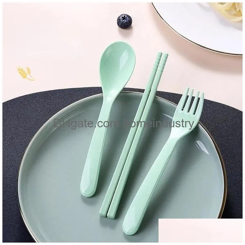 Dinnerware Sets Wheat St Tableware Childrens Cutlery Spoon Chopsticks Fork Portable Dining Set Kitchen Outdoor Drop Delivery Dhsqx