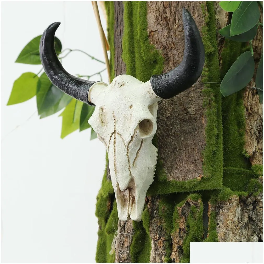 Decorative Objects & Figurines Decorative Objects Figurines Resin Longhorn Cow Skl Head Wall Decorations Ornament 3D Animal Crafts Ret Dhkou