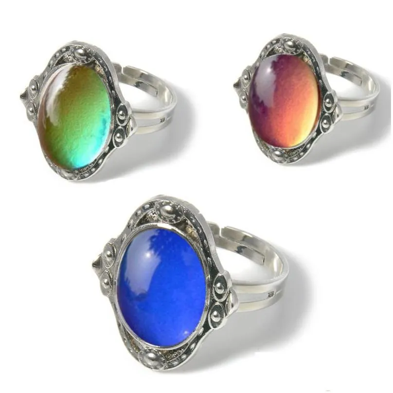 Solitaire Ring Color Change Mood Ring Oval Emotion Feeling Changeable Temperature Control Thermochromic Gemstone Drop Delivery Jewelr Dhxiy