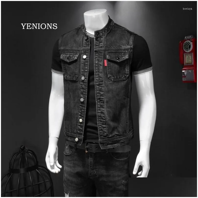 motorcycle apparel retro jean jacket men`s denim vest coats slim black stand collar sleeveless style waistcoat coat  brand