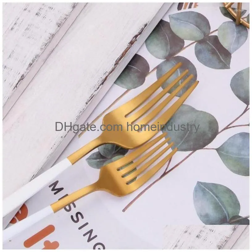 Dinnerware Sets 48Pcs White Gold Cutlery Set Matte Stainless Steel Dinner Forks Knives Tea Spoons Golden Tableware Drop Drop Delivery Dhoex