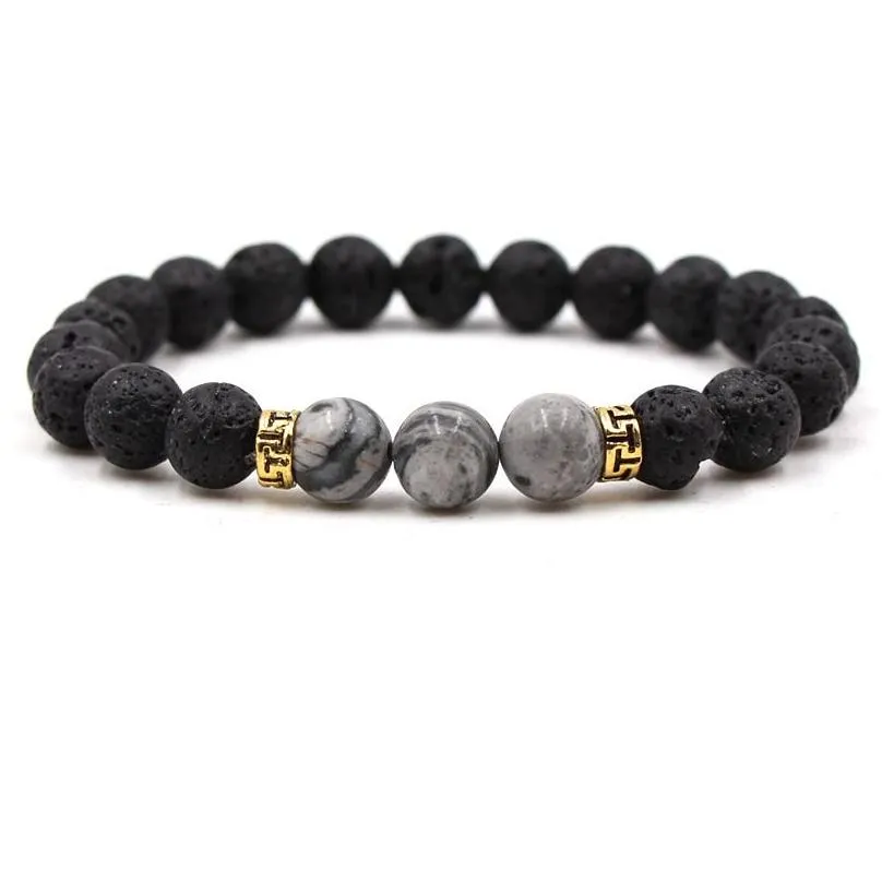 Beaded Bracelets Natural Black White Stone Bead Yoga Chakra Bracelet Lava Rock Drop Delivery Dh4Pq