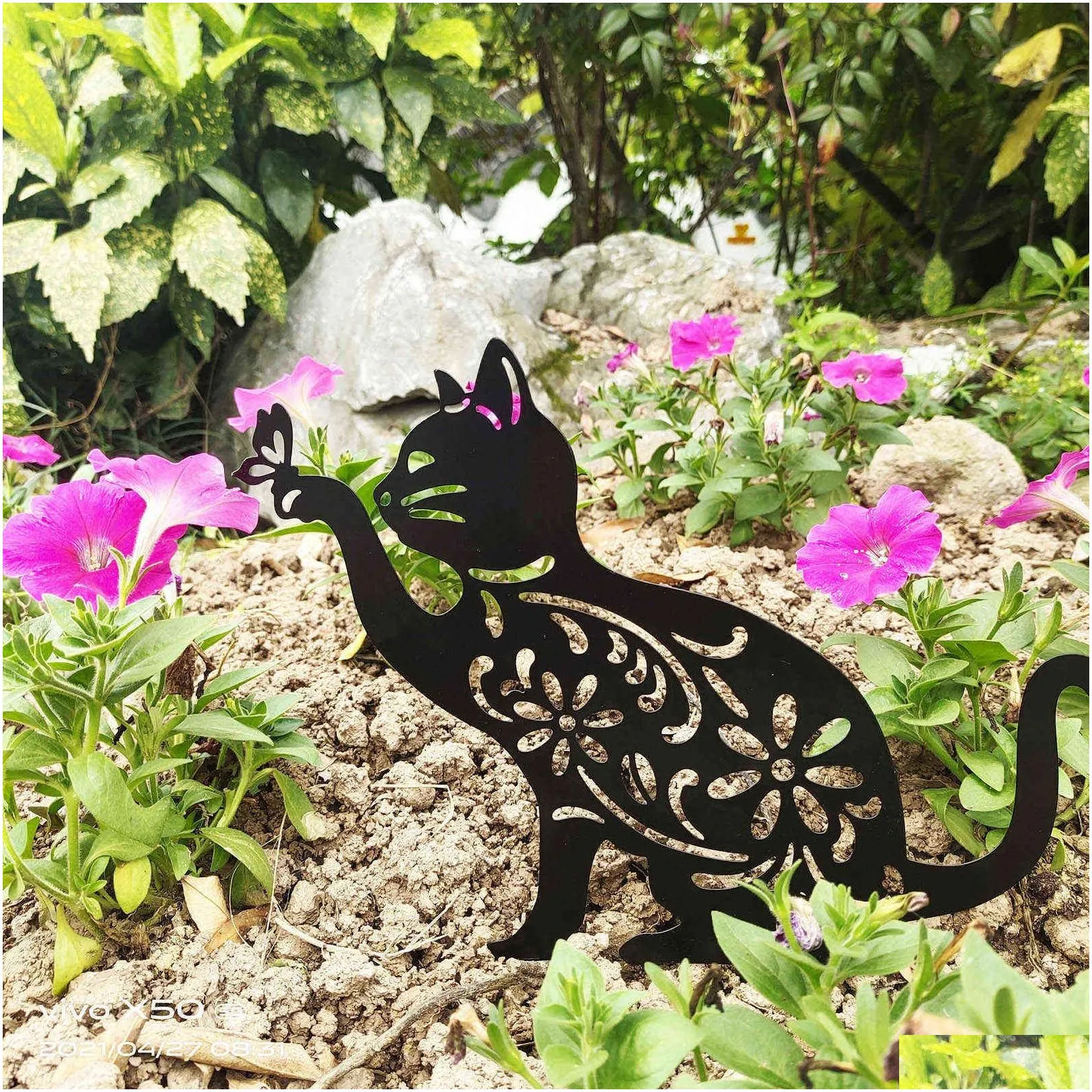 Garden Decorations Cat And Butterfly Yard Art Metal Hollow Out Ornaments Garden Decoration Outdoor Wrought Iron Plug-In Backyard Drop Dhrcg