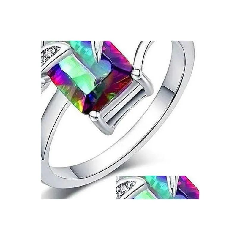 Solitaire Ring Seven Colorf Rings Female Personality Inlaid Rainbow Gemstone Drop Delivery Jewelry Ring Dhi3I