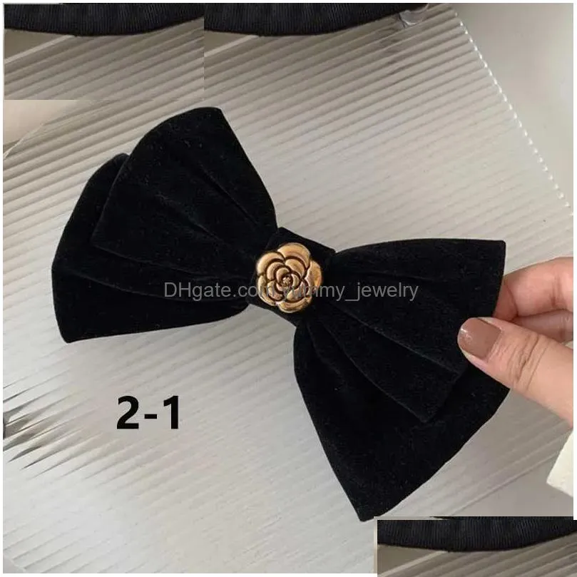 Headwear & Hair Accessories Headwear Hair Accessories Black Veet Bow Letter Camellia La Clip Hairwear Women Big Bowknot Hairpin Flower Dhyuk