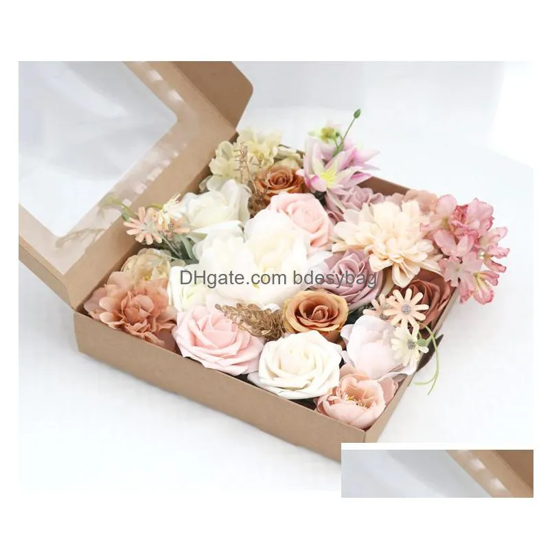 Decorative Flowers & Wreaths Simated Flowers Rose Fake Silk With Gift Box Wedding Birthday Party Bridesmaid Holding Drop Delivery Home Dhcye