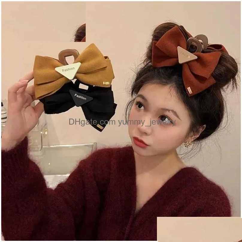 Headwear & Hair Accessories Headwear Hair Accessories Woolen Cloth Bow Women Claws Casual La Big Bowknot Triangle Claw Clips Fashion D Dhdc5