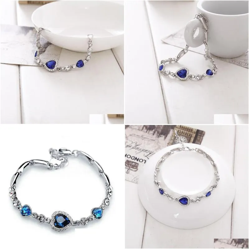 Charm Bracelets Ocean Blue Bracelets Sliver Plated Crystal Rhinestone Heart Charm Bracelet Bangle Gift Jewelry Drop Delivery Jewelry Dhxcb