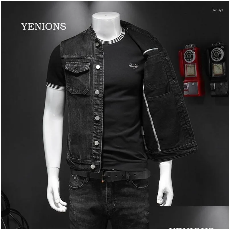 motorcycle apparel retro jean jacket men`s denim vest coats slim black stand collar sleeveless style waistcoat coat cowboy brand