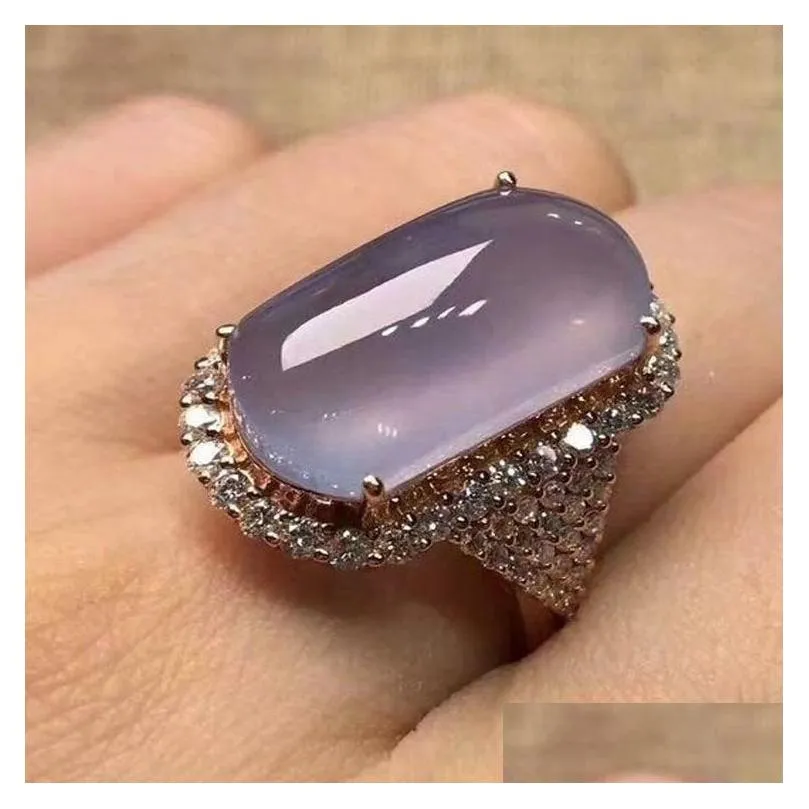 Solitaire Ring Luxury Purple Mellow Moonstone Ring For Women Fashion Crystal Rose Gold Color Rings Wedding Engagement Jewelry Anillos Dhd7U