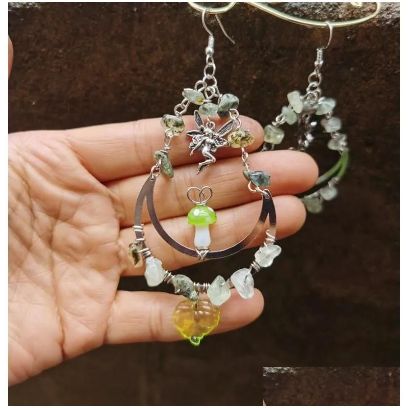 dangle earrings magic olive green mushroom standing on moon prehnite cottagecore jewelry witchy boho