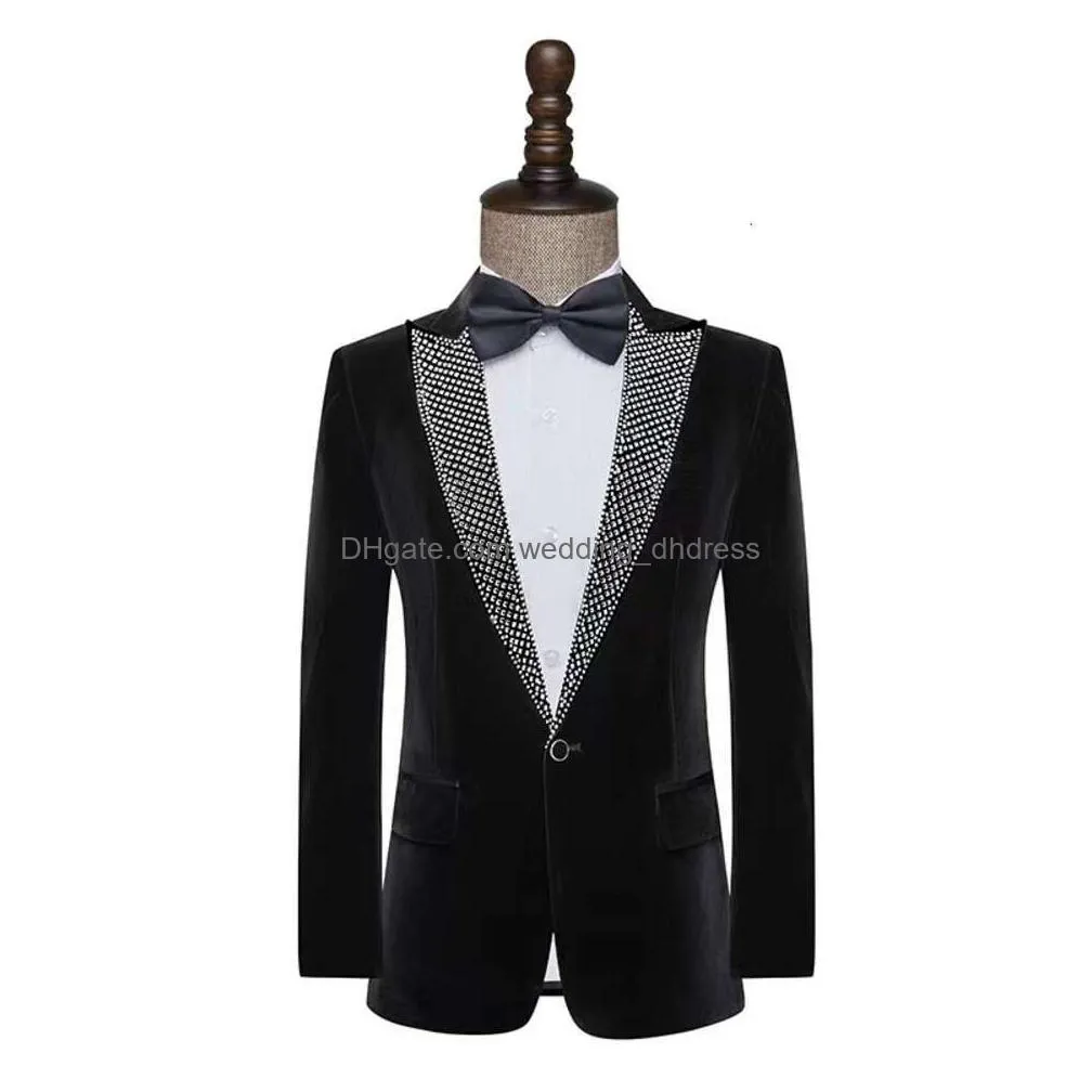 sparkly rhinestones black jacket blazers pants mens suits male singer stage performance costume party host groom wedding dress