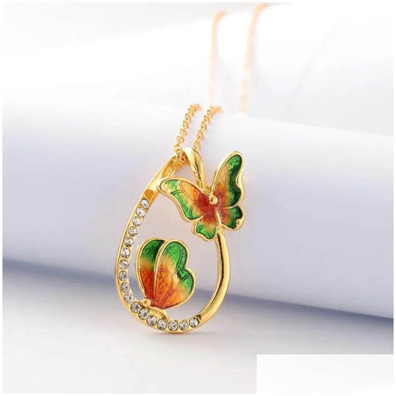 Pendant Necklaces Water Drop Painting Necklace 2 Gold Plated Link Long Chain Necklaces Zircon Butterfly Drop Delivery Jewelry Necklace Dhavw