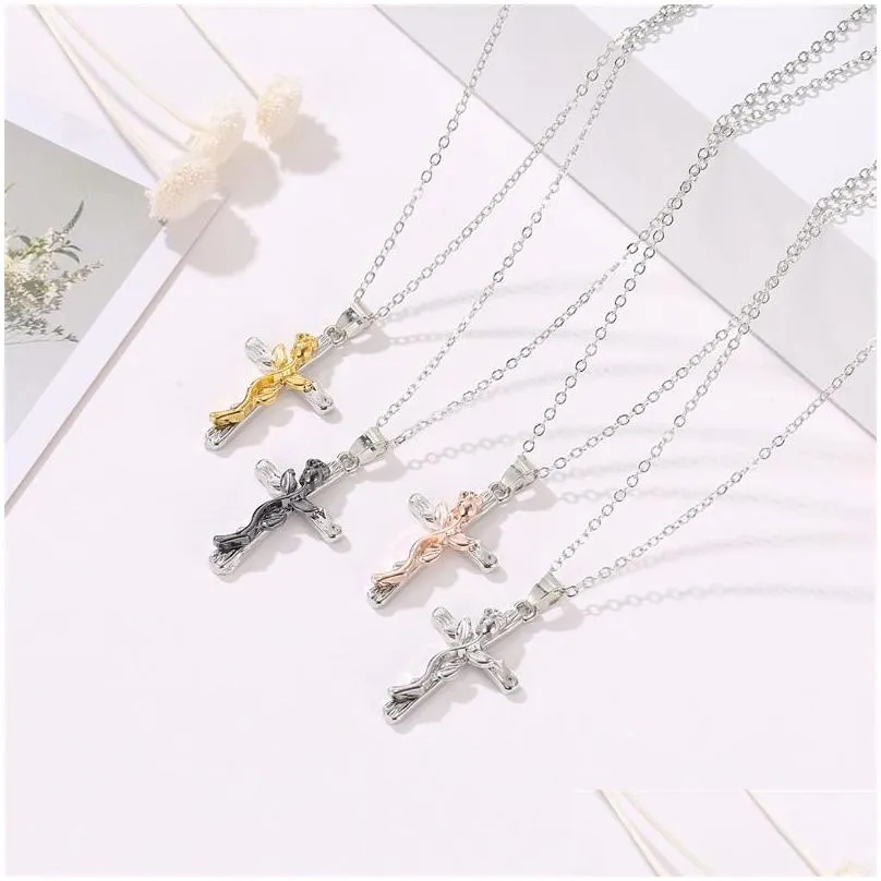 Pendant Necklaces Pretty Flower Jesus Cross Pendant Collar Choker Necklace Long Chain Relius Novel Necklaces Drop Delivery Jewelry Nec Dhums