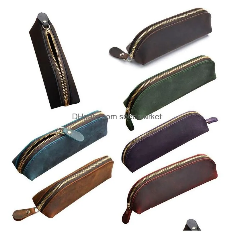 wholesale pencil bags crazy horse leather bag vintage retro zipper fountain pen makeup pouch