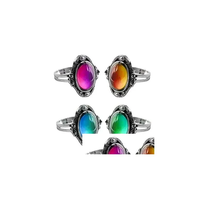 Solitaire Ring Color Change Mood Ring Oval Emotion Feeling Changeable Temperature Control Thermochromic Gemstone Drop Delivery Jewelr Dhxiy