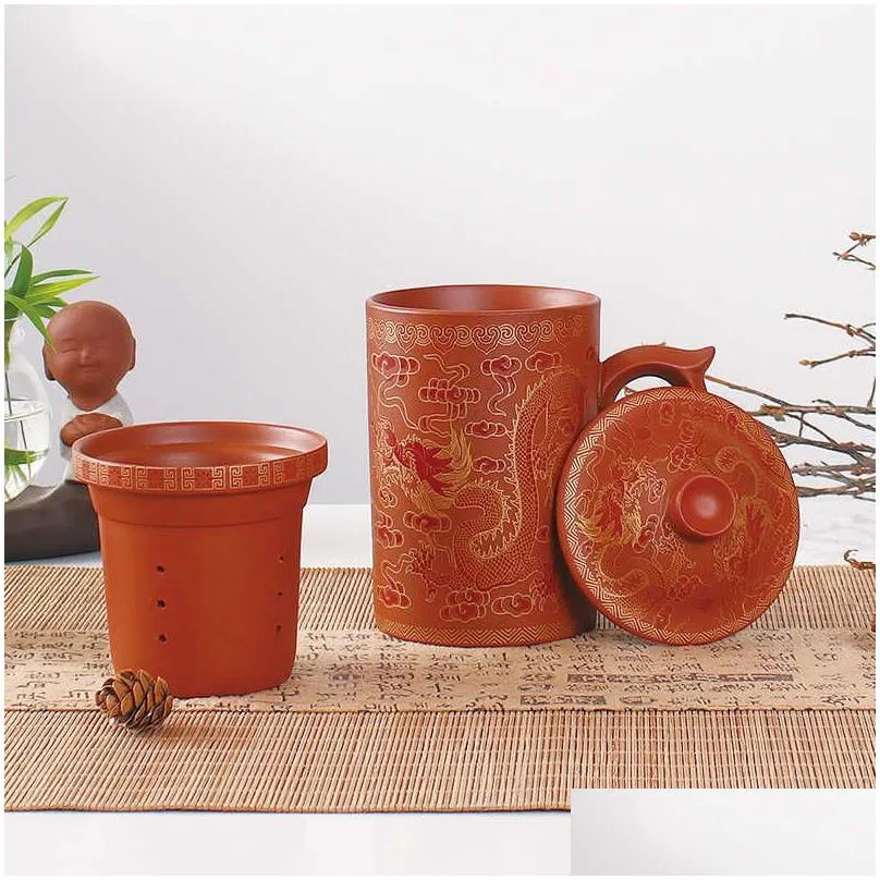 Mugs Traditional Chinese Dragon Purple Clay Tea Mug With Lid Strainer Retro Handmade Yixing Cup Zisha Teacup Gift Tumbler 210827 Drop Dhzyi