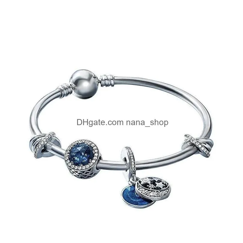 Bangle Genuine Bracelet Sier 925 Jewelry Starry Fairy Blue Ocean Heart Charm Bangle Original Valentine Drop Delivery Jewelry Bracelet Dhjng