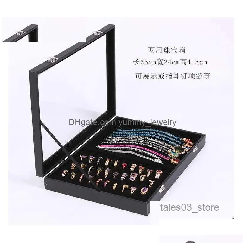 Jewelry Boxes Black Belt Pearl Treasure Storage Box Display Glass Er Ring Stackable Top With Lock Drop Delivery Dhncs