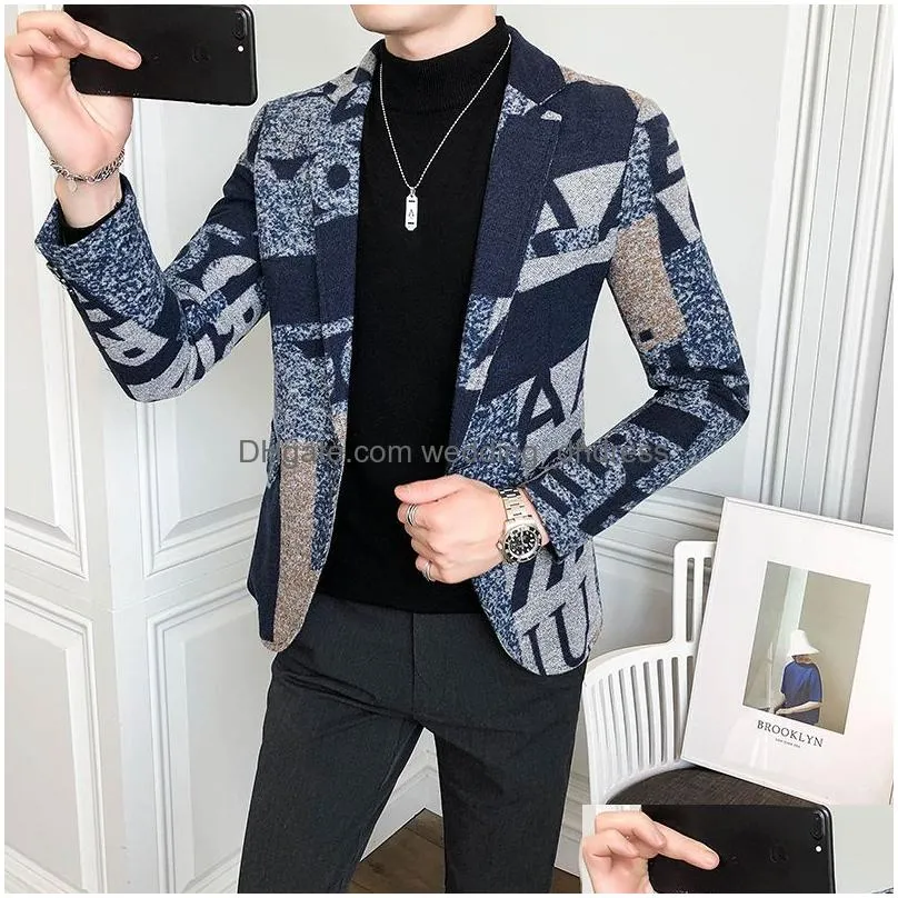 brand clothing letter print wool woolen blazer men winter men blazers casual suit jacket slim party club wedding socialhomme s-5xl