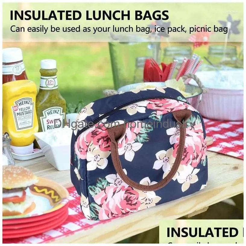 Dinnerware Sets Small Lunch Bag Insated Bags For Women Reusable Adt Box Blue With Flower Drop Delivery Dhdfk