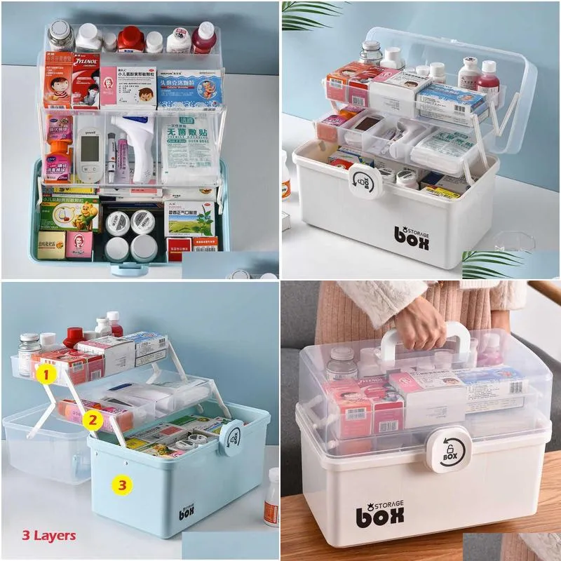 Storage Boxes & Bins Plastic Tier Medicine Boxes Storage Box Large Capacity Der Sundries Organizer Folding Chest First Aid Kit Drop De Dh0Gh