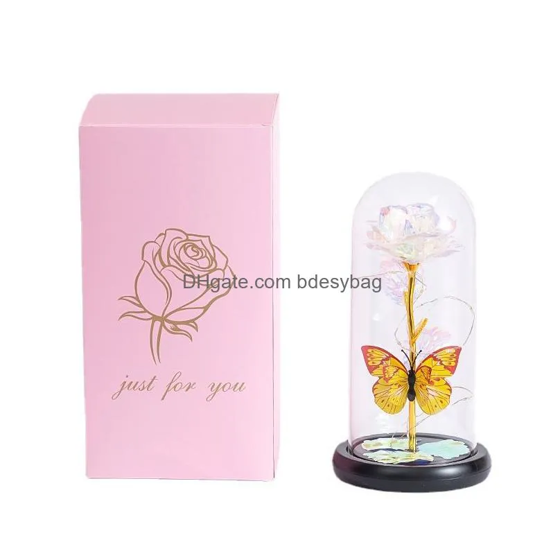 Decorative Flowers & Wreaths Rose Light Artificial Lamp With Butterfly And Colorf Led Flowers In Glass Battery Powered Gifts For Drop Dhqck