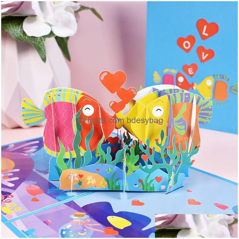 Greeting Cards 3D Valentine Greeting Card  Up Kissed Fish Shaped Wedding Party With Envelope Festival Supplies Drop Delivery Home G Dho6S