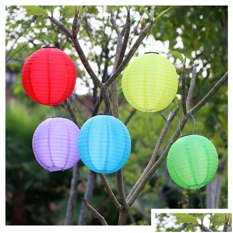 Party Decoration 12In Waterproof Led Solar Cloth Chinese Lantern Outdoors Festival Garden Decoration Hanging Lamp Wedding Supplies New Dhpmz