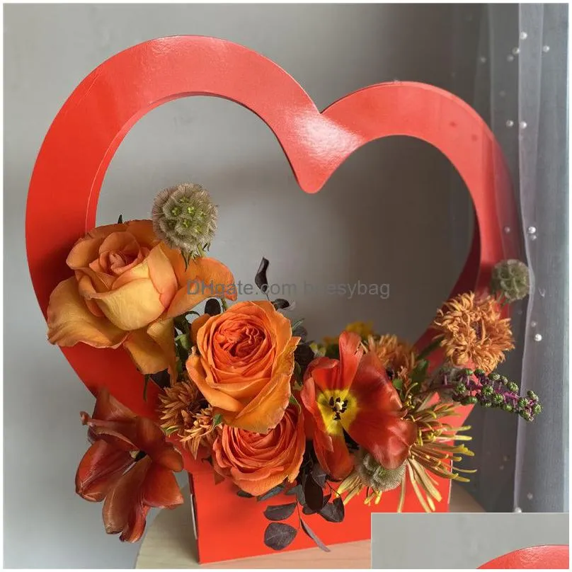 Other Festive & Party Supplies Florist Flower Package Basket Hand Held Heart Shaped Paper Box Wedding Valentine Day Birthday Drop Deli Dhmrq