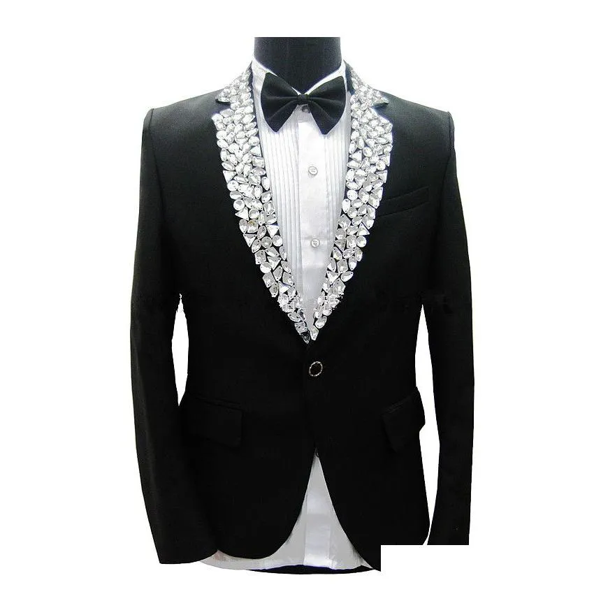 sparkly rhinestones black jacket blazers pants mens suits male singer stage performance costume party host groom wedding dress