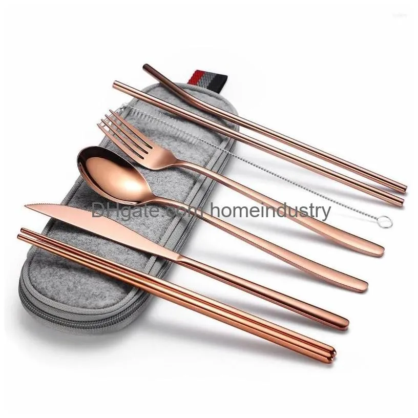 Dinnerware Sets Travel Cutlery Set Reusable Stainless Steel Complete Forks Knives With Pouch Rose Gold Flatware Drop Delivery Dhuw8