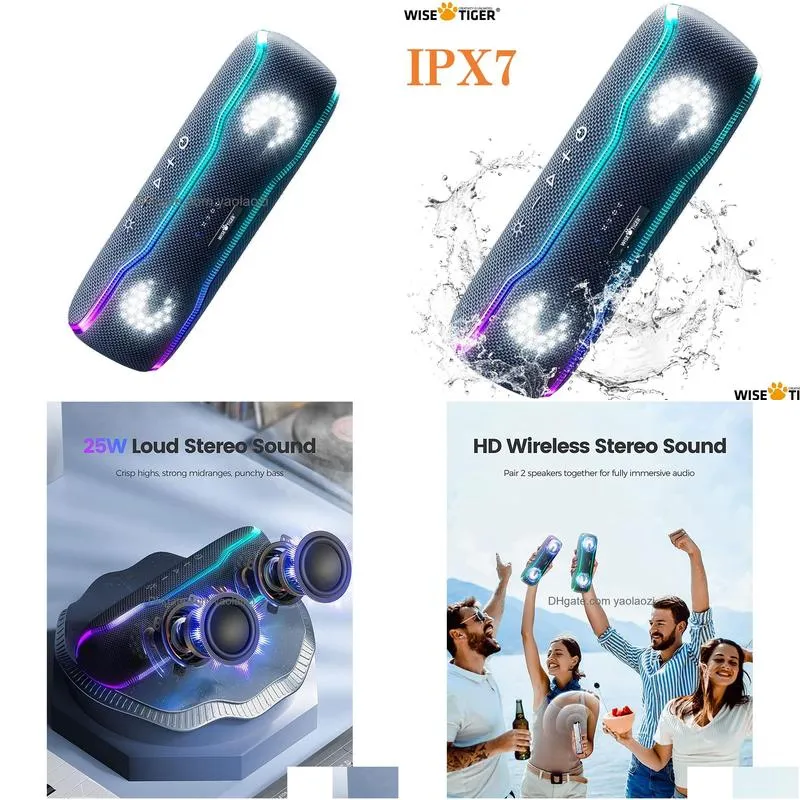 portable speakers wisetiger bluetooth speaker outdoor ipx7 waterproof 25w bt53 loudspeaker stereo surround with cool pulsing eq lights