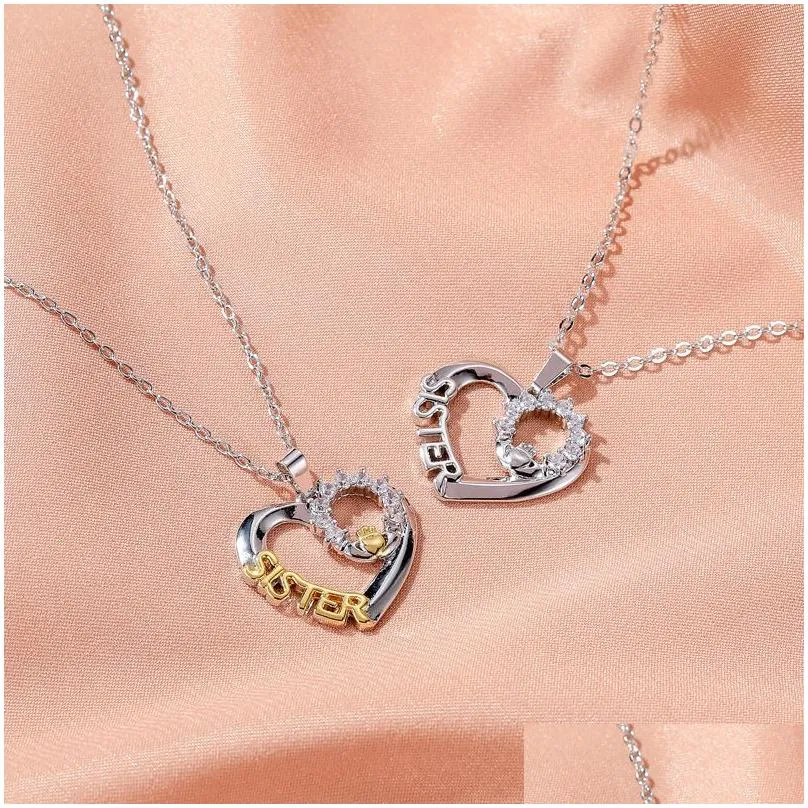 Pendant Necklaces Sister Necklaces Womens Fashion Heart Hand Crown Pendant Letter Zircon Necklace Best Sisters Gifts Jewelry Drop Deli Dh508