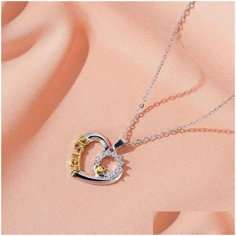 Pendant Necklaces Sister Necklaces Womens Fashion Heart Hand Crown Pendant Letter Zircon Necklace Best Sisters Gifts Jewelry Drop Deli Dh508