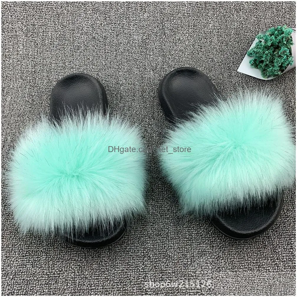 slippers racoon fur slides woman furry house women shoes mules fluffy summer sandals plush flip flops home luxury wholesale 221203