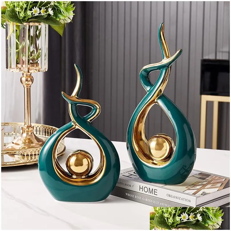 Decorative Objects & Figurines Abstract Ceramic Scpture Golden Statue Modern Home Decoration Living Room Desktop Office Accessories Cr Dhj8E