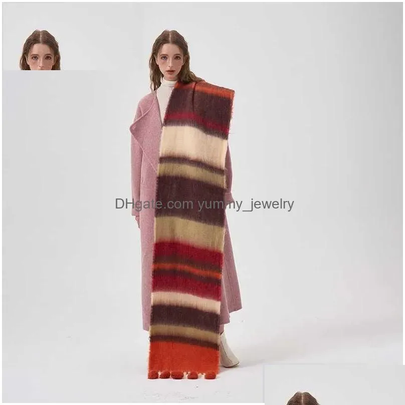 Scarves Karsany Striped Thick Imitation Cashmere Scarf For Women Winter Soft Hairball Long Warm Korean Fashion Drop Delivery Dhk21