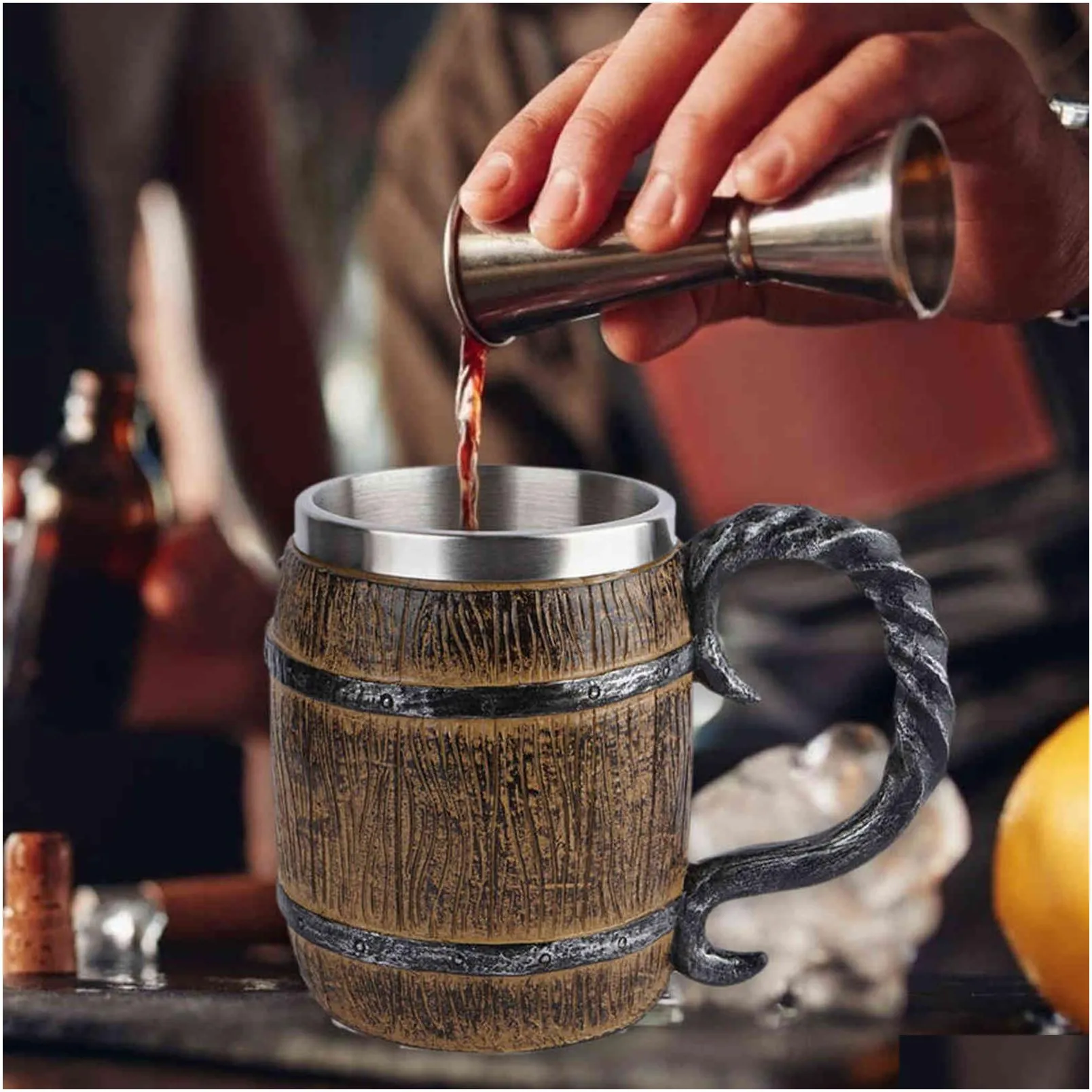 Mugs New Retro Horn Skl Resin Beer Mug Stainless Steel 3D Game Tankard Coffee Cup Wine Glass Mugs Drinking Drop Delivery Home Garden K Dhpnc