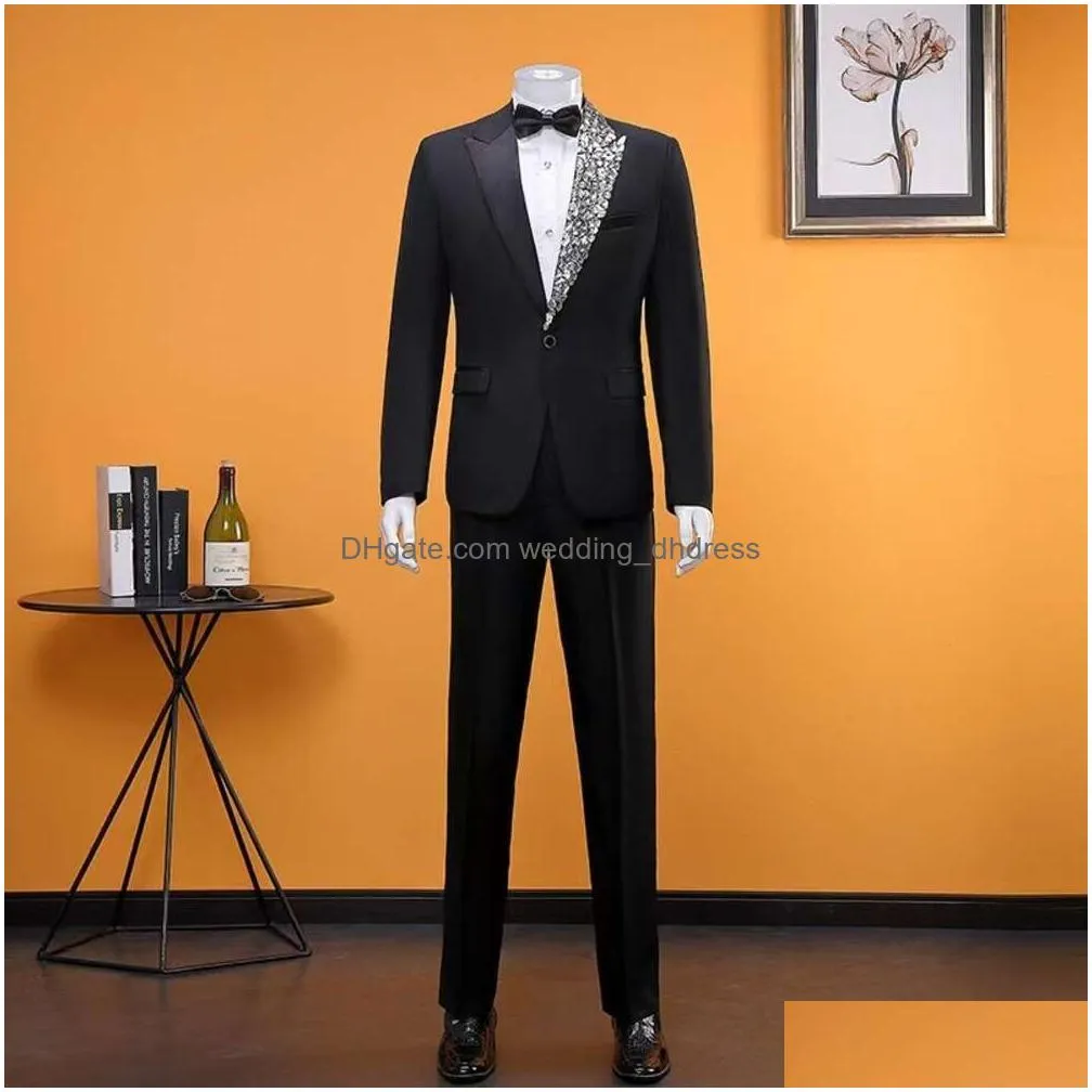 sparkly rhinestones black jacket blazers pants mens suits male singer stage performance costume party host groom wedding dress